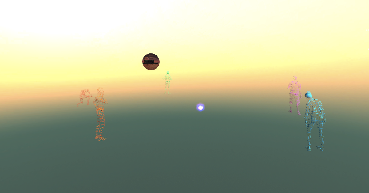Ambient Divergence: translucent human figures standing in a softly lit virtual landscape
