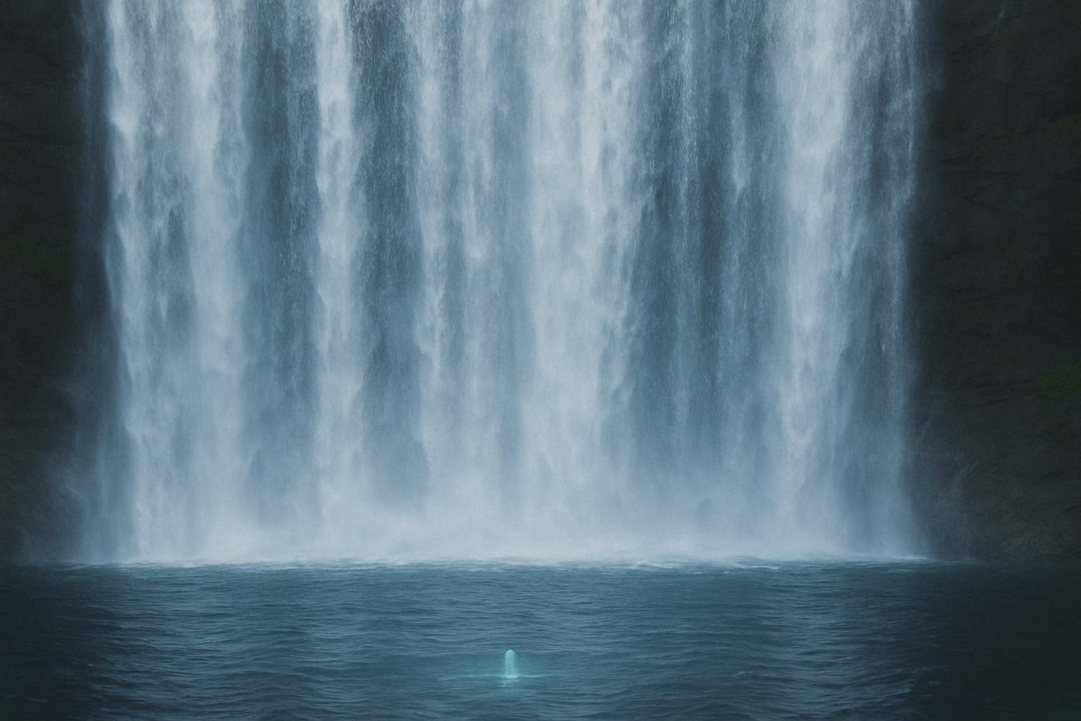 Cascade concept visual: a broad blue waterfall flows into a dark lake, where a small luminous presence rises above the water
