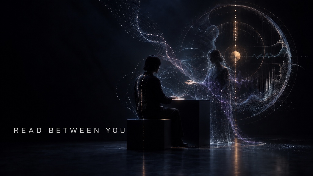 A visitor sits opposite a luminous fortune teller, surrounded by traces of bodily signals