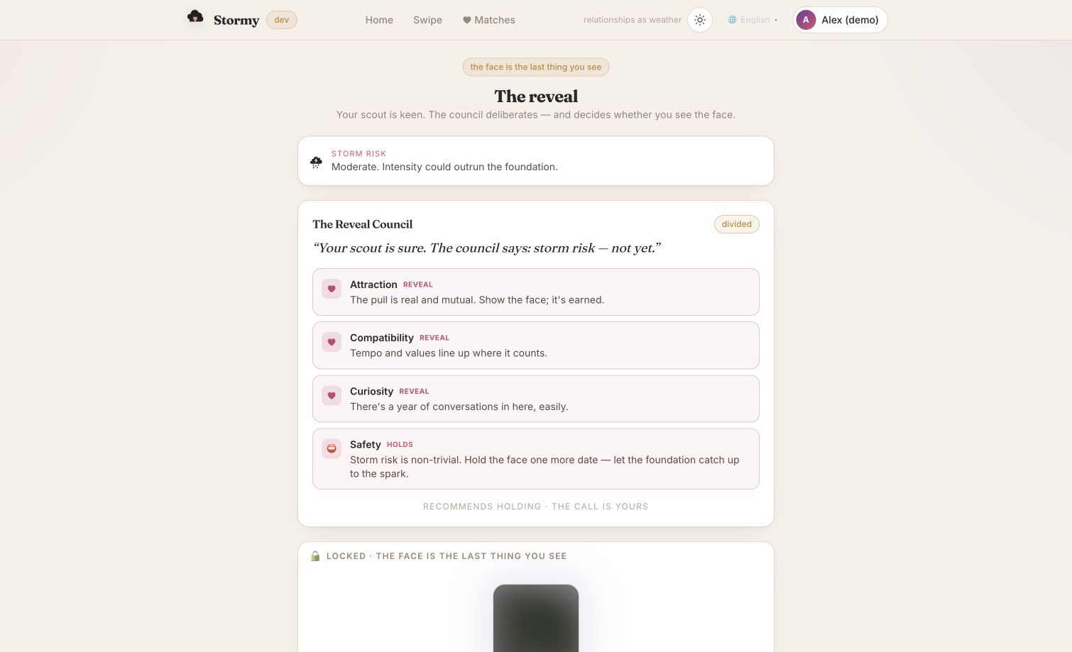 Stormy prototype interface showing a relationship forecast and the Attraction, Compatibility, Curiosity and Safety agents' views