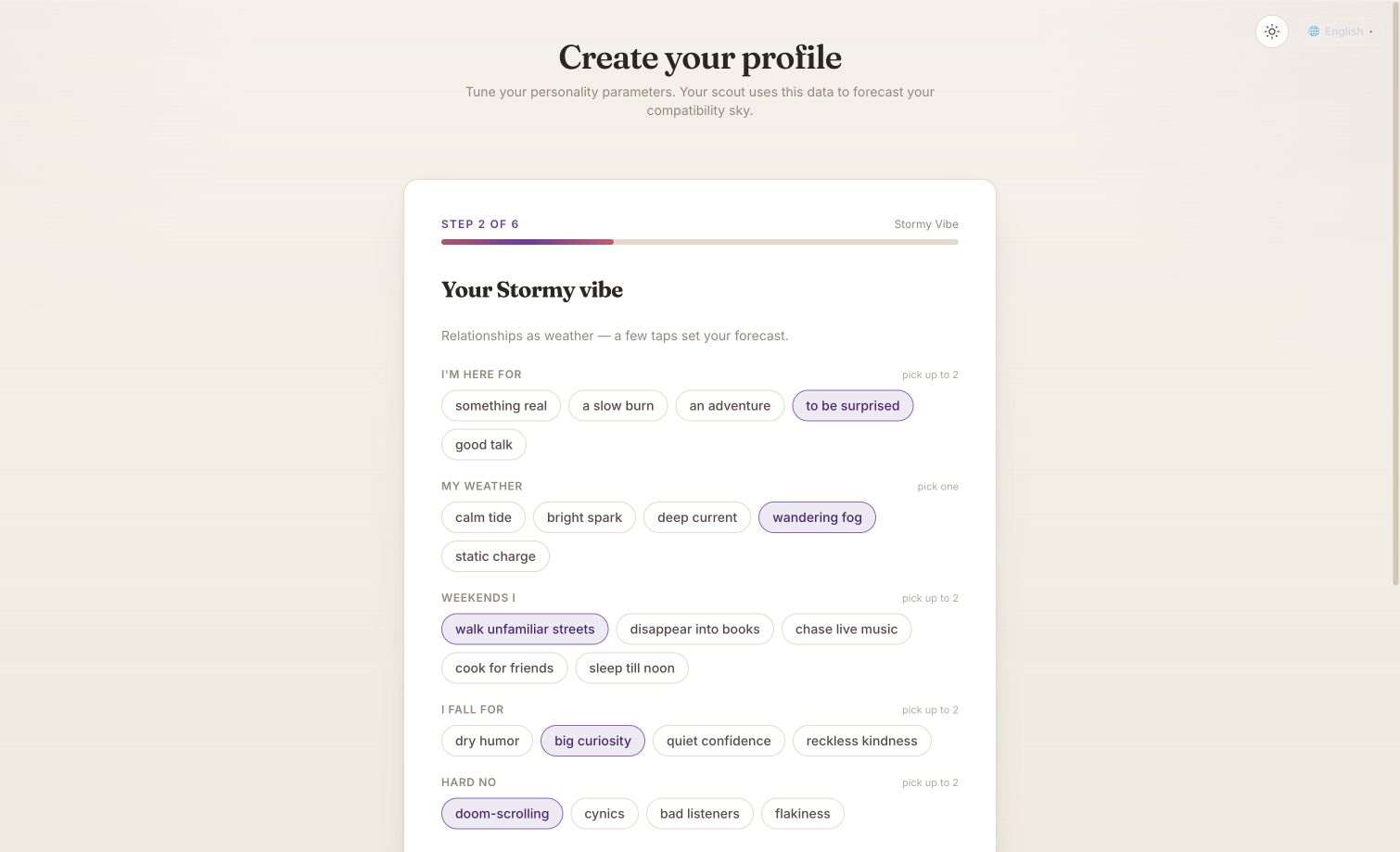 Stormy profile interface with selectable words about mood, preferred places and curiosity